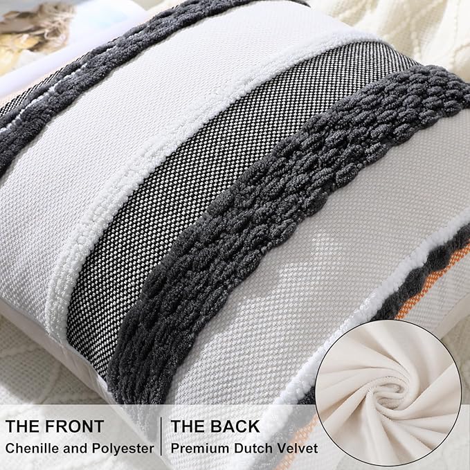 decorUhome Boho Decorative Throw Pillow Covers 18x18 Set of 2, Striped Chenille Tufted Pillow Covers with Tassels for Couch Bed Sofa, Cream White and Dark Grey