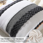 decorUhome Boho Decorative Throw Pillow Covers 18x18 Set of 2, Striped Chenille Tufted Pillow Covers with Tassels for Couch Bed Sofa, Cream White and Dark Grey