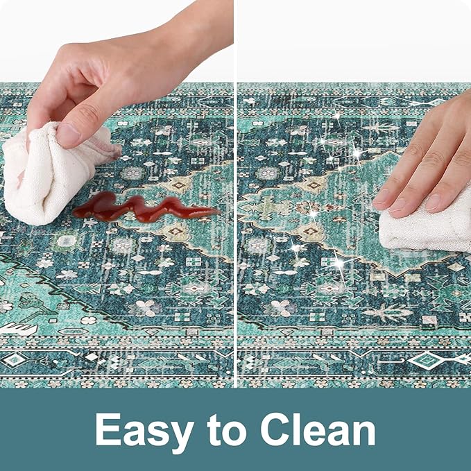 Collive Boho Kitchen Mats for Floor 2 Piece, Cushioned Anti Fatigue Kitchen Floor Mat Non-Skid Waterproof Under Sink Rug, Teal/Multi Comfort Standing Desk Rugs for Office, 17.3"x29"+17.3"x47"