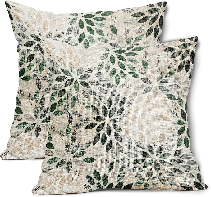 Kawani Green Dahlia Throw Pillow Covers 24x24 Inch Rustic Geometric Flower Decorative Square Pillow Cases Beige Tan Gray Floral Cushion Covers Farmhouse Home Decor for Sofa Couch Outdoor Set of 2