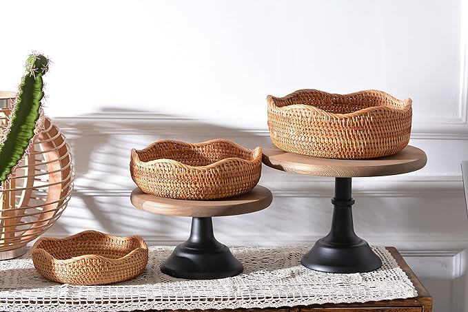 Rattan Bread Baskets Round Woven Fruit Bowls Key Holders Stackable for Storage, Snack, Fruit, Vegetable Natural Set of 3