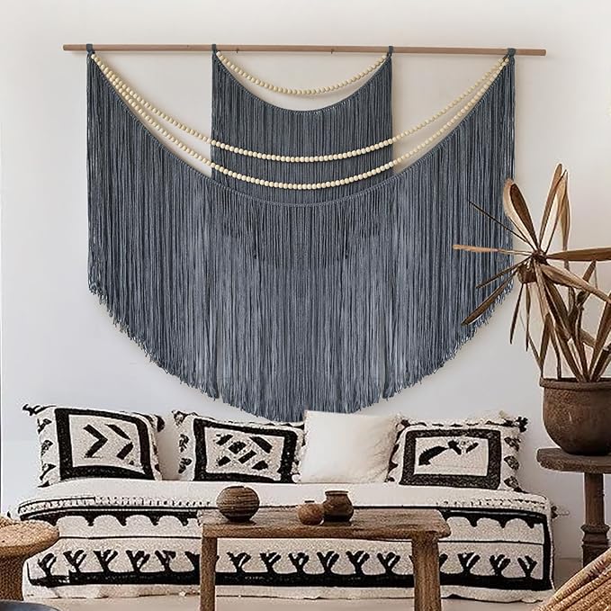 Jakalin Macrame Wall Decir Large Grey Fiber Yarn Wall Art Handmade Craftsmanship Boho Wall Decor Home Room Wall Decor,57" W x 46" L
