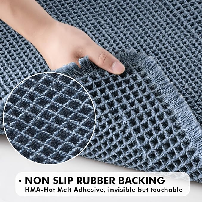 MIULEE Set of 2 Waffle Bathroom Rugs, Boho Bath Rug Super Absorbent, Non Slip Washable Ultra Soft Rubber Backed Shower Bath Mats for Floor, Tub, Shower, Bordered Design, Blue, 17"x24"+18"x30"