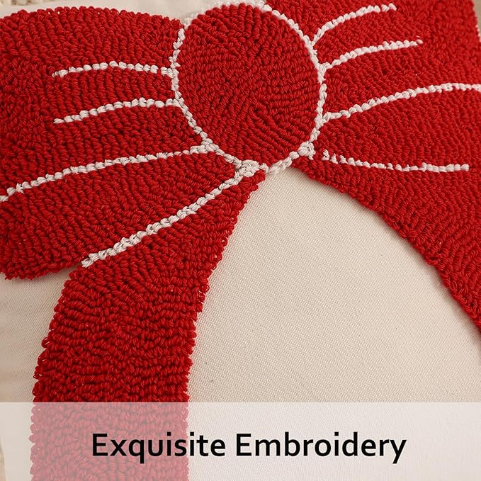 Tosleo Christmas Tufted Pillow Covers 18 x 18 inch Set of 2 Xmas Red Bow Throw Pillow Cover Party Decor Winter Holiday Embroidery Cushion Case for Sofa Couch Bed Living Room
