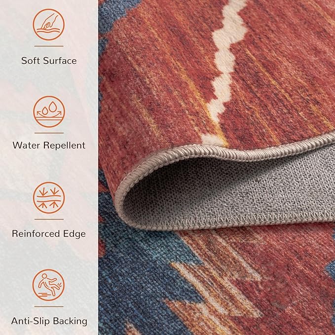 Area Rug 4x6 Rug Machine Washable Non-Slip Low Pile Print Pattern Western Rug for Living Room Bedroom Entryway Tribal Series -Red/Orange