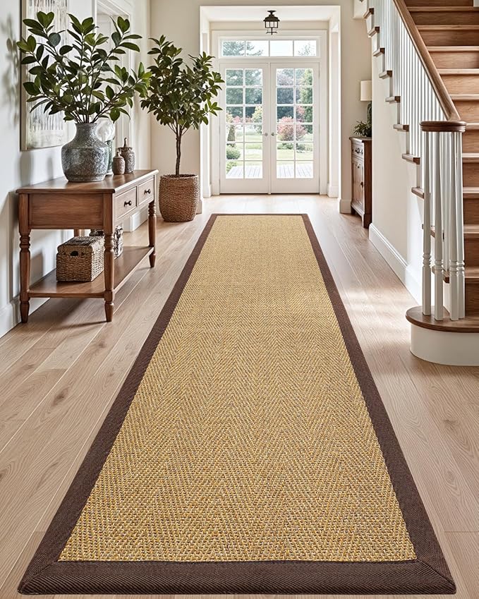 DEXI Jute Hallway Runner Rug 3x12, Woven Braided Natural Fiber Non Slip Runner Inside, Farmhouse Runners Carpet Indoor for Entryway Kitchen Luandry, Natural/Brown