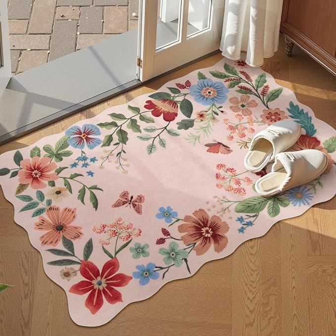 Lahome Floral Pink Rugs for Entryway, 2X3 Washable Kitchen Rug Non Slip, Ultra-Thin Indoor Door Mat Stain Resistant Boho Small Carpet for Bathroom Bedroom Flore (2x3ft,Light Pink)