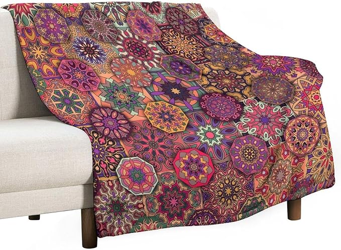 Mandala Indian Bohemian Throw Blanket Paisley Purple Floral Boho Abstract Tribal Blanket for Sofa Bed Couch Chair Or Dorm 70"x80"