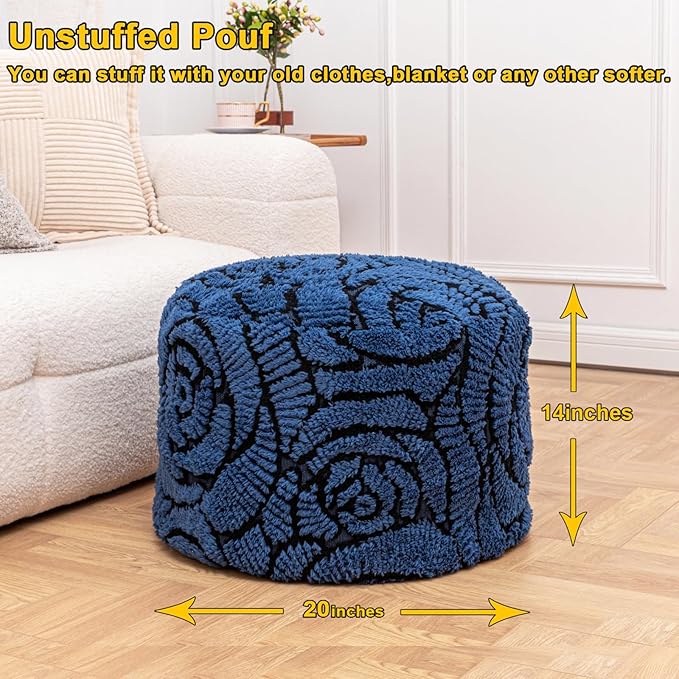 Asuprui Fluffy Flower Pouf Ottoman Cover Only – 20"x14" Round Plush Fuzzy Pouf Shell for Footrest, Stool or Floor Seat, Soft Removable Home Decor (No Insert Included) (Navy Blue)