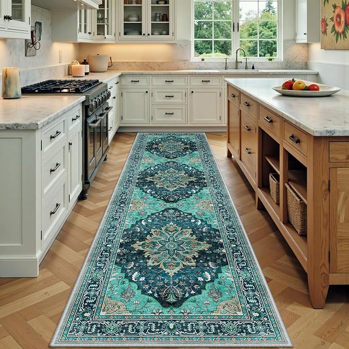 Area Rugs 3'x9' Runner Rug Non Slip Washable for Kitchen Hallway Bedroom Beside Laundry Room Bathroom Rug, Floor Carpet, Teal Green Lake Blue Turquoise