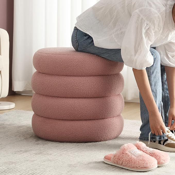 Boucle Ottoman with Storage Pink, Small Round Footrest Stool with Removable Lid, Upholstered Sherpa Vanity Chair for Bedroom Entryway