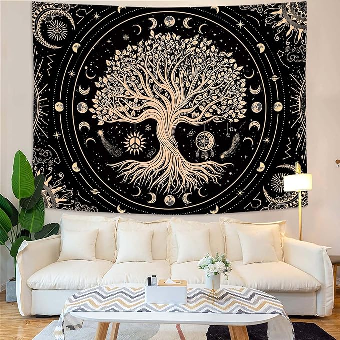 Accnicc Tree of Life Tapestry Sun Moon Stars Tapestries for Bedroom Aesthetic Hippie Black Beige Boho Mandala Spiritual Celestial Large Tapestry Wall Hanging for Dorm Living Room Decor 80 x 60 Inch