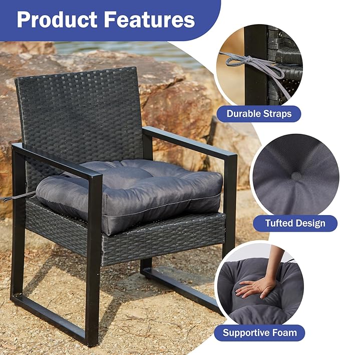 Outdoor Chair Cushions Set of 2, Patio Chair Cushions with Ties,19x19+5” Tufted Outdoor Seat Cushions, Waterproof Patio Furniture Cushions, Outdoor Dining Chair Pads, Dark Grey (Pack of 2)