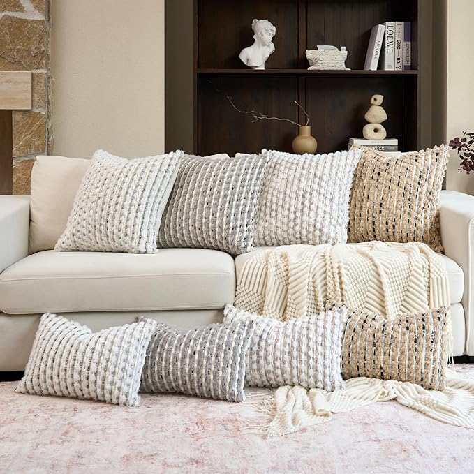 Aeckself Handmade Boho Chenille Tufted Pillow Cover 12x20 Inch, Rectangle Decorative Lumbar Throw Pillow Cover Neutral Pillowcase for Couch Bedroom Living Room, Grey Blue