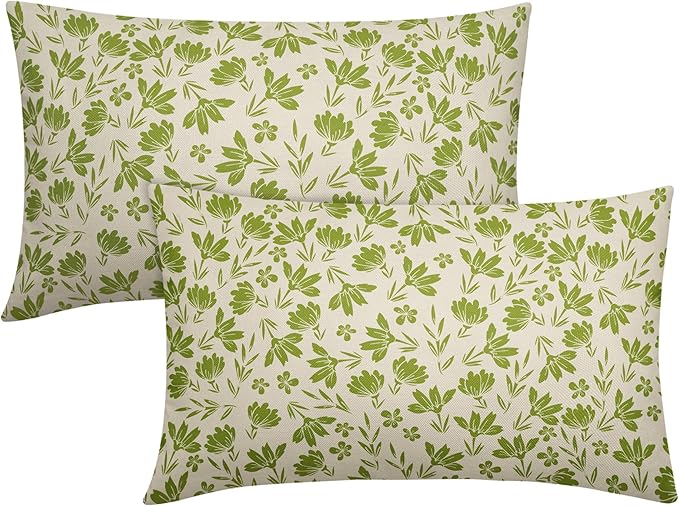 Lime Green Floral Pillow Covers 12x20 Set of 2 Vintage Rustic Old Style Cute Small Flower Green Cream Print Decorative Outdoor Pillowcases Farmhouse Throw Cushion Case Decor for Couch Sofa Bed