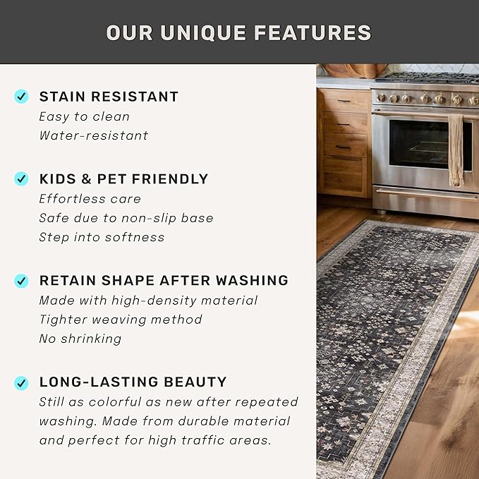 Black Farmhouse Washable 8x10 Area Rugs for Living Room, Bedroom, Dining Room Kitchen Table Rug for Under Table, Office, Dark Charcoal Tumble Stain Resistant Non-Slip Large Washable (8x10 Black/Multi)
