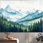 Accnicc Nature Forest Mountain Tapestry Green Misty Pine Tree Wall Tapestry for Bedroom Aesthetic Watercolor Woods Landscape Small Tapestries Wall Hanging for Living Room Dorm Decor 48 x 36 Inch