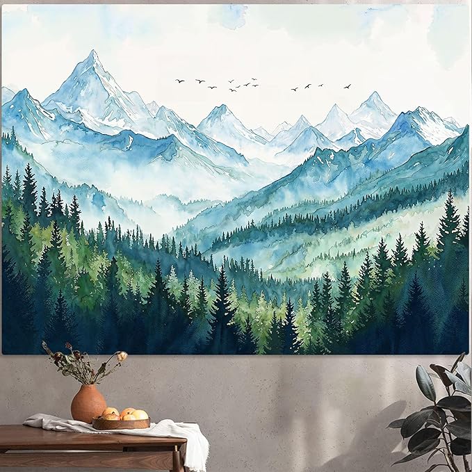 Accnicc Nature Forest Mountain Tapestry Green Misty Pine Tree Wall Tapestry for Bedroom Aesthetic Watercolor Woods Landscape Small Tapestries Wall Hanging for Living Room Dorm Decor 48 x 36 Inch