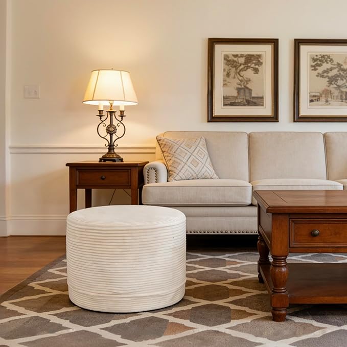 Thgonwid Corduroy Stuffed Round Pouf Ottoman, Foot Stool with One-Piece Cut High-Density Memory Foam, Furry and Fluffy Footstool, Compact Pouf Footrest for Living Room Bedroom, 17"x13", Cream White