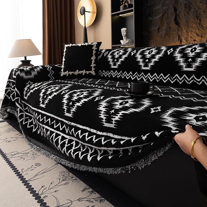 VClife Boho Couch Cover Chenille Sofa Cover for Sectional Sofa, Non Slip Couch Covers for 2 Seater Sofa Pet Friendly Sofa Protector with Tassel, Tribal Pattern Couch Slipcover, Black, 71"X118"