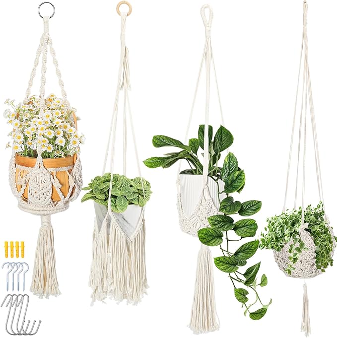 4 Packs Macrame Plant Hangers Indoor Crochet Hanging Plant Holder with Tassels Hanging Planters for Indoor Boho Hanger with 4 S Shaped Hooks for Home Decor Window Flower Pot (White)