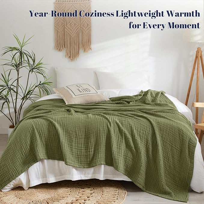 PHF 100% Cotton Muslin Blanket King Size 108"x90", 4-Layer Lightweight Gauze Throw, Breathable Cloud-Soft Minimalist Blanket for Bed, Couch, Camping & Baby, Olive Green, Ideal Gift