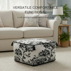Square Pouf Ottoman Foot Stool with Tassels - Soft Chenille for Living Room & Office - Foot Rest, Home Decor & Removable Cover - Modern Black White Tree Design - 19.7" x 11.8"