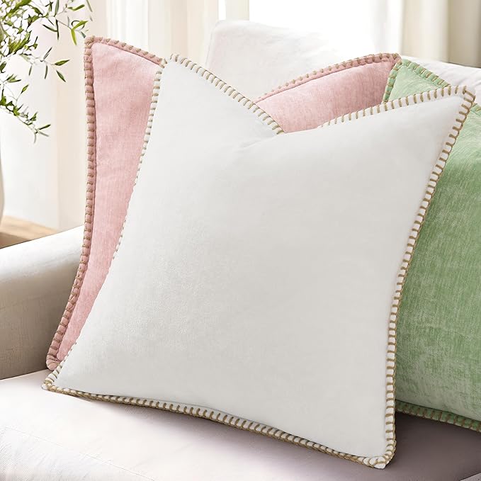 decorUhome Summer Chenille Soft Cozy Throw Pillow Covers 22x22 Set of 2, Modern Farmhouse Boho Velvet Decorative Euro Sham Pillow Cases with Stitched Edge for Couch Sofa Bed Home Decor, Sage Green
