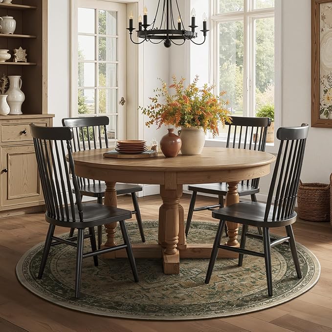 Vintage Round Rugs 6ft, Low Pile Thin Circle Area Rugs Washable Non Slip, Traditional Medallion Printed Circle Carpet for Bedroom Living Room Kitchen Dining Room, Multi Brown/Green
