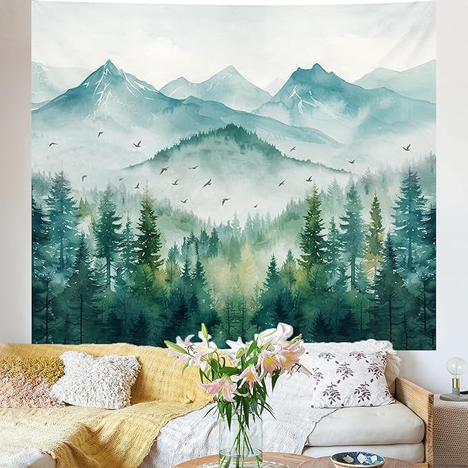 Atrippy Forest Mountain Nature Tapestry, Misty Foggy Sage Green Landscape Tapestries Wall Hanging, Tree Aesthetic for Bedroom Living Room Backdrop Decor 51x60 Inch