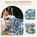 Boho Throw Blanket for Bed Cotton Spring Blankets Twin Size for Bedroom Living Room All Season Lightweight Floral Bird Embroidery Breathable Quilt for Couch Sofa Chair 60"x80" Home Decor