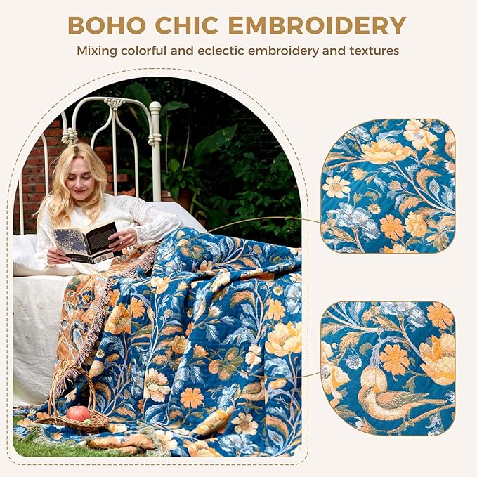 Boho Throw Blanket for Couch Sofa Chair Cotton Spring Blankets for Bedroom Living Room All Season Soft Lightweight Reversible Floral Bird Embroidery Decorative Throws 50"x60"