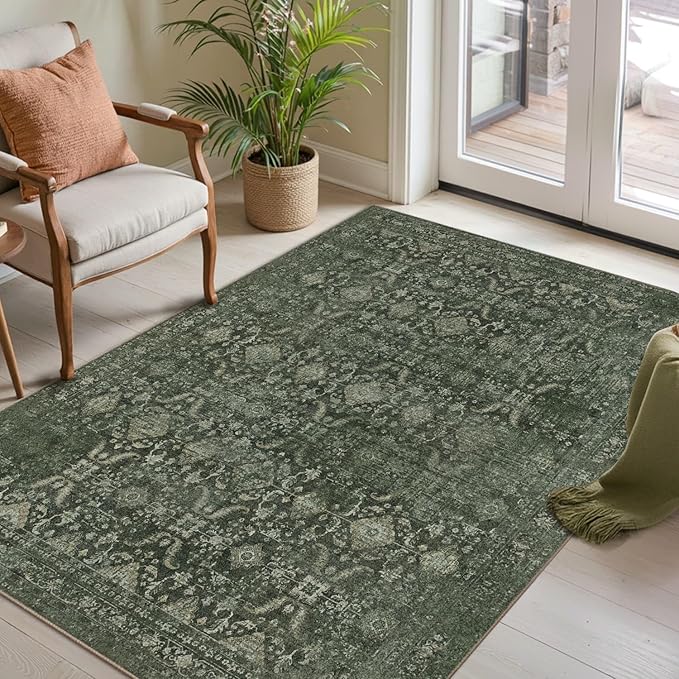 3x5 Rug for Entryway Bedroom, Green 3x5 Washable Area Rug, Vintage Retro Boho Throw Rug, Non Slip & Low Pile Small Carpet for Indoor Entry, Kitchen, Bedside, Living Room, Bathroom and Dining