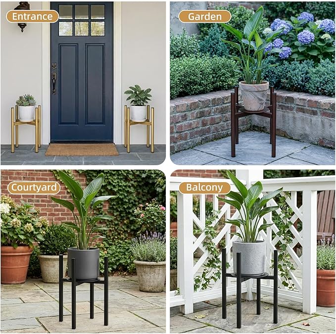 Adjustable Metal Plant Stand Indoor, Mid Century Modern Outdoor Planter Holder for 9 to 15 Inch Pots, Heavy Duty 160 LB Load, Corner Floor Stand for Home Garden Decor Black with Round Plate