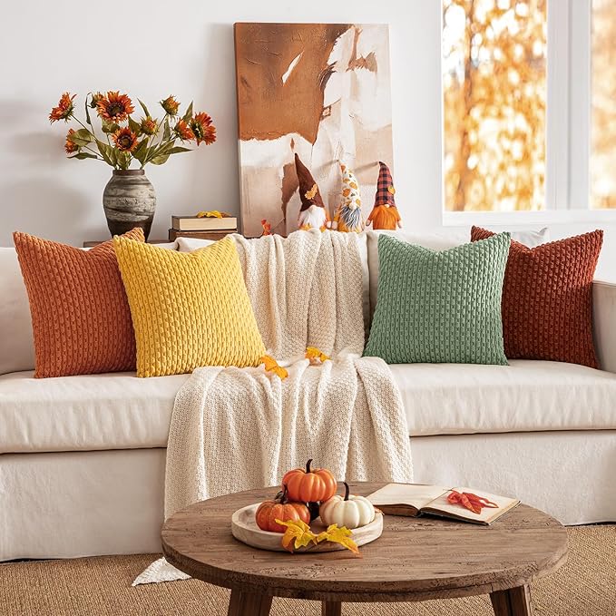 MIULEE Burnt Orange Decorative Throw Pillow Covers for Couch Modern Striped Cushion Covers Soft Corduroy Pillowcase Home Decor for Bed Sofa Living Room 20x20 Inch Set of 4 Yellow Orange