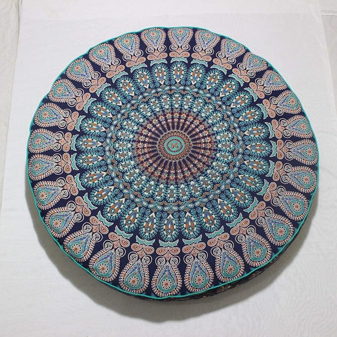 Indian Mandala Floor Pillow Seating Throw Boho Meditation Cushion Cover Hippie Decorative Bohemian Round Ottoman Yoga Pouf Pom Case Large Sham Home Decor Outdoor Comfortable