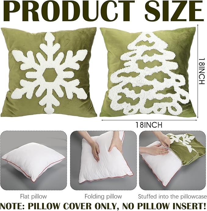 Breling Set of 2 Olive Green Velvet Embroidery Christmas Pillow Covers18x18 Winter Snowflake Pillow Covers Decorative Soft Tufted Luxury Christmas Tree Cushion Cover for Couch Sofa Bed Holiday Decor