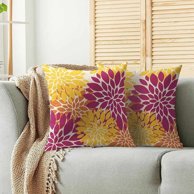 Hot Pink Yellow Orange Pillow Covers 20X20 Inch Set of 2, Spring Summer Floral Dahlia Flower Cream Decorative Throw Pillow Covers Outdoor Modern Farmhouse Cushion Case for Home Couch Sofa Bed Decor