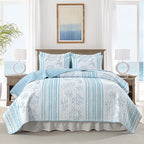 HORIMOTE HOME Coastal Quilt Bedding Set King Size, Striped Blue Summer Beach Quilt Lightweight Ocean Nautical Comforter Tropical Bedspread Coverlet with 2 Pillow Shams for All Seasons (106"x96")