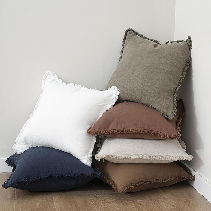 Foindtower Set of 2 Decorative Linen Fringe Throw Pillow Covers Cozy Farmhouse Boho Cushion Cover with Tassels Soft Accent Pillowcase for Couch Sofa Bed Living Room Home Decor 20×20 Inch Navy Blue