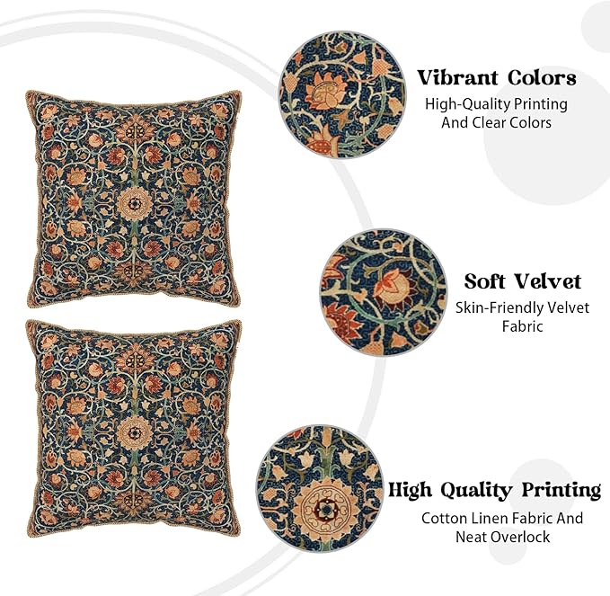 Vintage Floral Soft Velvet Throw Pillow Covers Set of 2 Burnt Orange Navy Flowers Plant Decorative Pillow Covers 16x16 Inch Art Botanical Pillow Case For Sofa Couch Outdoor Farmhouse Home Decor