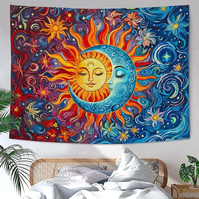 Sun and Moon Tapestry Boho Hippie Orange Red Blue Floral Tapestry for Bedroom Aesthetic Abstract Plant Flowers Stars Small Tapestries Wall Hanging for Living Room Dorm 60 x 44 Inch