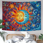 Sun and Moon Tapestry Boho Hippie Orange Red Blue Floral Tapestry for Bedroom Aesthetic Abstract Plant Flowers Stars Small Tapestries Wall Hanging for Living Room Dorm 48 x 36 Inch