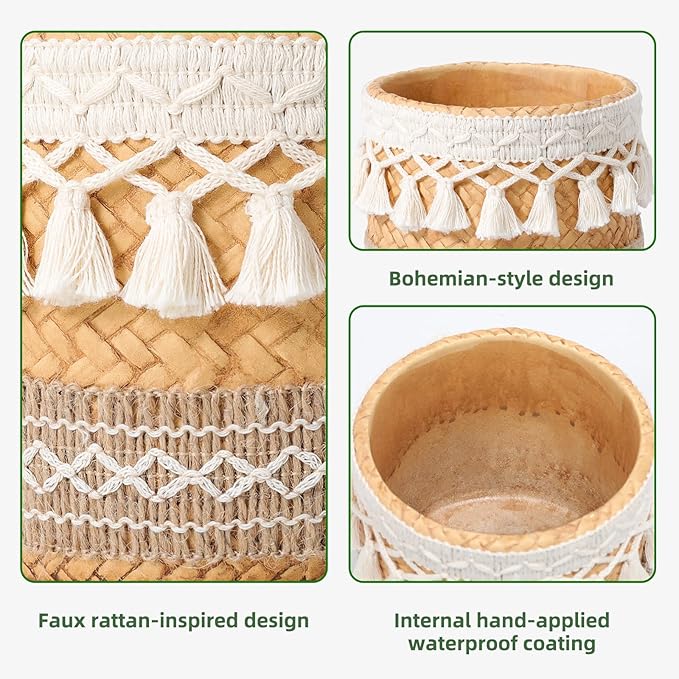 Concrete Rattan-Style Plant Basket Planter, 5" Boho Plant Pots Indoor Outdoor with Drainage Hole, Flower Pot for Succulents, Herbs, Modern Farmhouse Decor, Ideal Gift for Plant Lovers