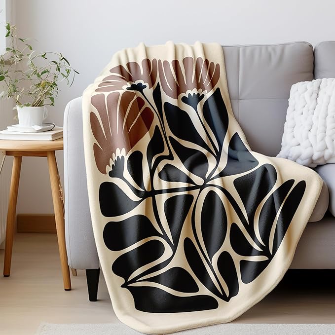 HIWX Boho Abstract Floral Blanket, Boho Brown and Black Abstract Flowers Throw Blanket for Home Living Room Bedroom Decor, Floral Room Decor, 50x60 Inches