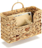 Woven Water Hyacinth Wall Basket - Hanging Magazine Holder & Mail Organizer, Natural Wicker Wall Storage Pocket for Files, Books, Entryway & Office Decor