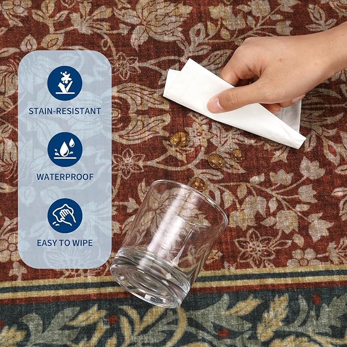 GarveeHome 5x7 Washable Area Rugs for Living Room, Boho Vintage Rug Non Slip Low Pile Stain Resistance Indoor Soft Large Throw Carpet for Bedroom Dining Room Office Red