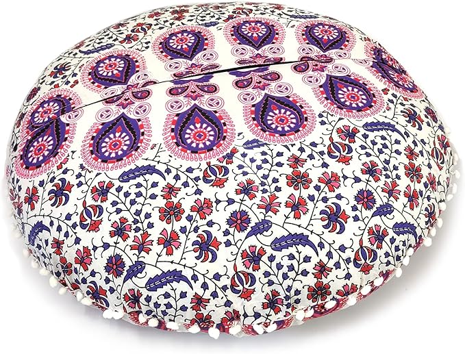 Round Mandala Floor Pillow Cover Seating Cushion Throw Cover Hippie Decorative Bohemian Ottoman Pouf Cover, Pom Pom Pillow Cases,Boho Indian 22 Inches (Pink)