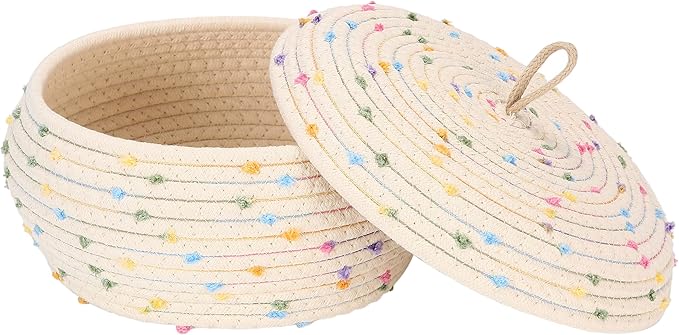 Sea Team Round Cotton Rope Storage Basket with Lid, Colorful Rainbow Pompom Woven Storage Bin, Pot, Caddy, Organizer, Container for Snacks, Towels, Plants, 10 x 4.5 Inches (Small, Shallow, Rainbow)
