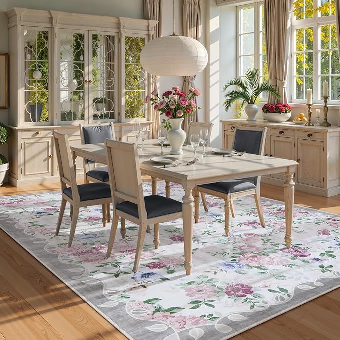 Lahome Vintage Floral 8x10 Rugs for Living Room,Large Boho Washable Rugs,Low Pile Bedroom Rug 8x10 Under Bed Carpet for Nursery Playroom Dining Room Nina (Purple/Grey)